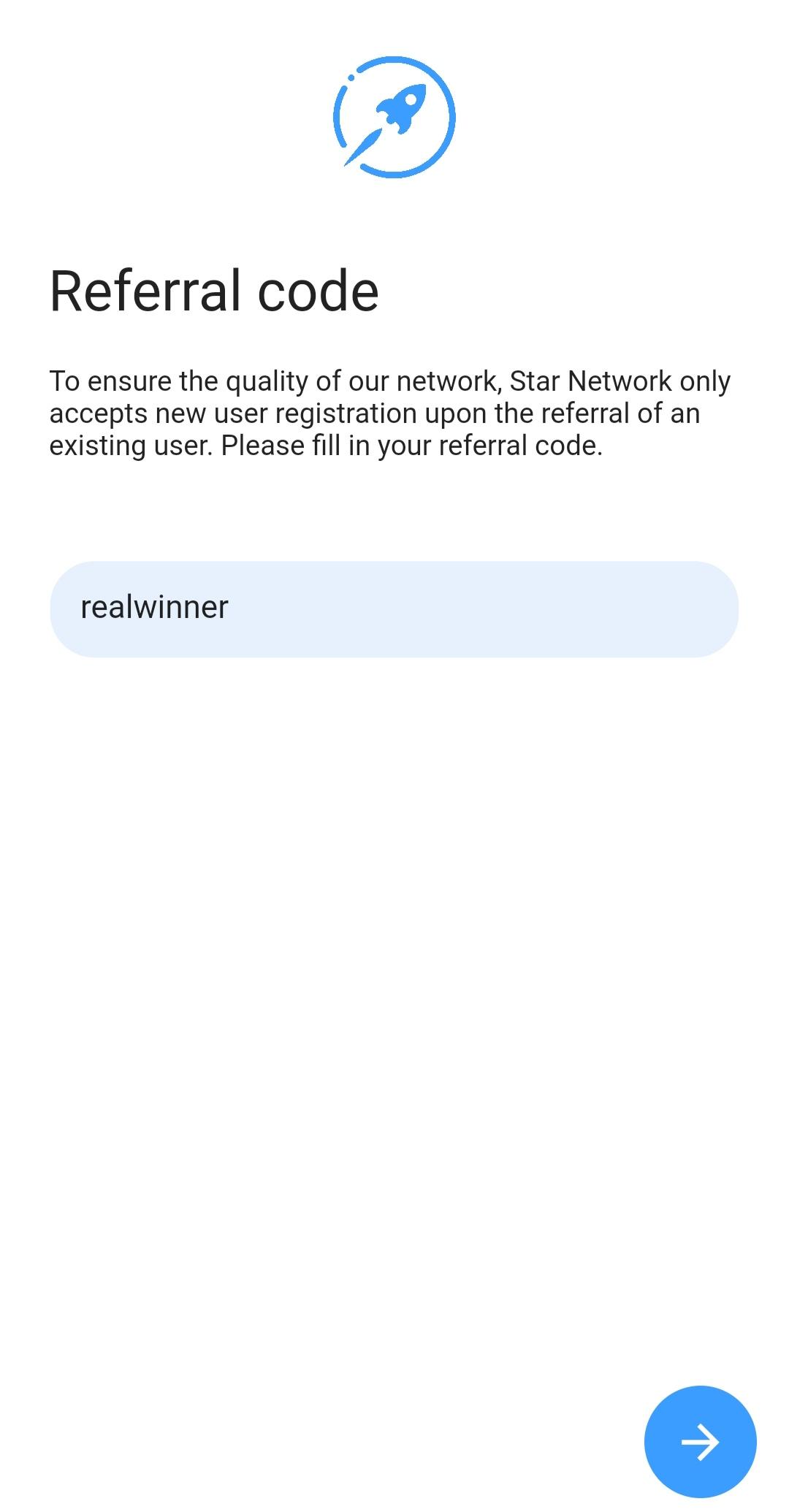 Screenshot image of star network mining referral code of realwinner